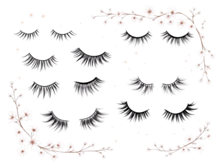 Ai generated image of various pairs of false eyelashes are decorated with floral branches isolated on transparent background
