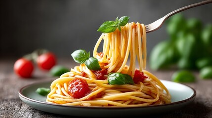 Fork is holding a piece of spaghetti with tomato sauce and basil. The plate is on a wooden table