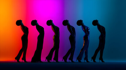 Silhouettes of a person in high heels bending forward, shown in a colorful gradient sequence from warm orange to cool blue tones.
