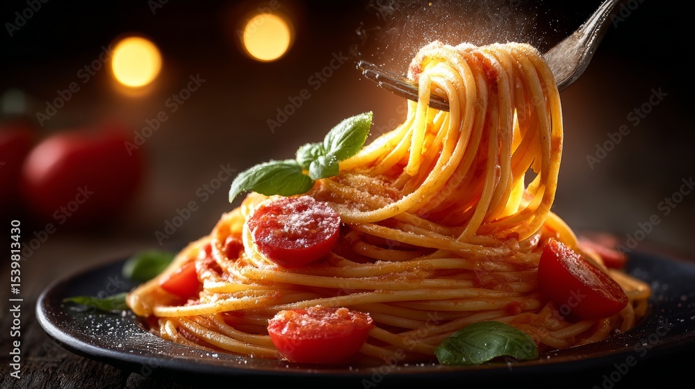 Poster fork is holding a large portion of spaghetti with tomatoes and basil on top. the spaghetti is covere