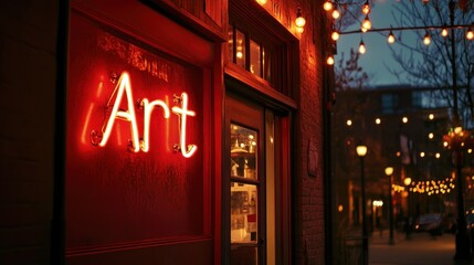 Obraz premium Illuminated art gallery entrance with glowing neon sign at twilight evening