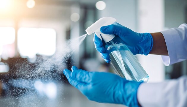 Sanitizing hands with office setting. - Powered by Adobe