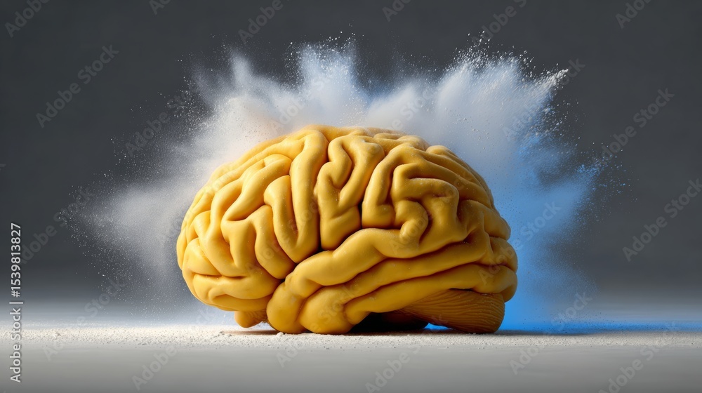 Poster brain is shown in a cloud of dust, with the dust surrounding the brain and covering it. the brain is