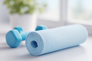 capture minimalistic home workout setup with yoga mats and dumbbells showcasing clean image