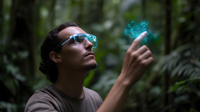 A man wearing smart glasses interacts with a glowing digital hologram in a lush forest setting. - Powered by Adobe