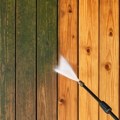 Pressure Washing Algae Off Wooden Deck Top View
