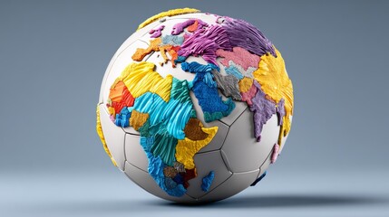 Colorful soccer ball with the continents of the world painted on it. The colors are bright and the continents are clearly visible