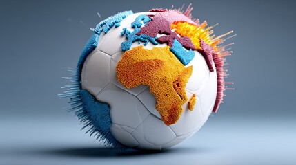 Soccer ball with a globe on it. The globe is made of different colored balls. The soccer ball is white and has a blue stripe