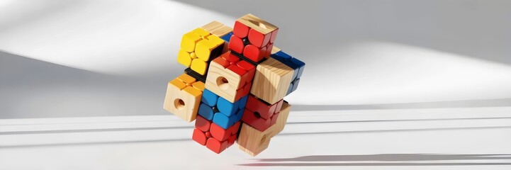 Obraz premium Exploded view photograph of colorful birch wood mechanical puzzle cube pieces suspended on white background – Useful for puzzle design, craftsmanship, or creative concept visuals