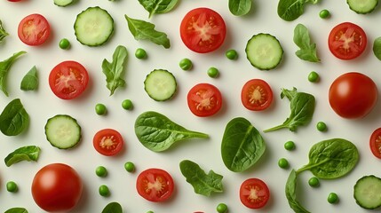 Salad pattern tomatoes, cucumber, spinach, peas, greens