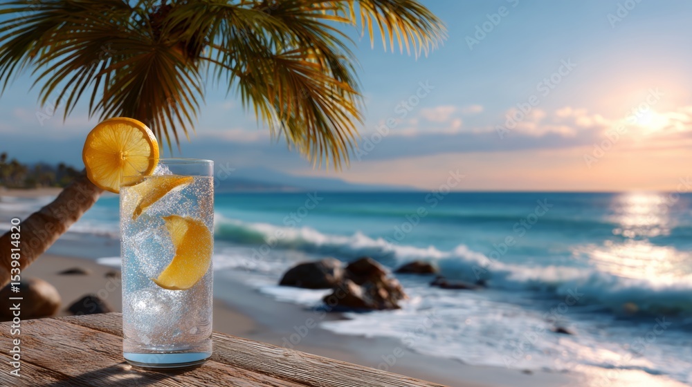 Poster glass of water with a slice of lemon in it is on a table by the ocean. the scene is serene and relax