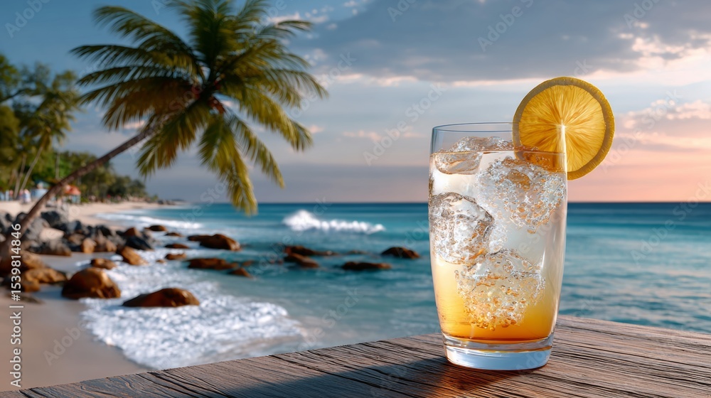 Poster glass of iced tea with a slice of orange on top is sitting on a table by the ocean. the scene is ser