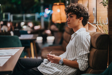 A young man is seated in a stylish cafe, exuding calmness and introspection, surrounded by warm, ambient lighting and modern decor.