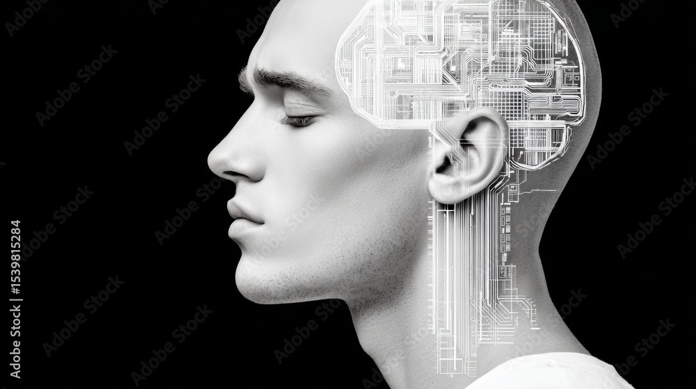 Aufkleber man's head is shown with a computer chip brain. the man is looking at the camera