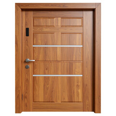 Isolated empty brown wooden bookshelf with an open door