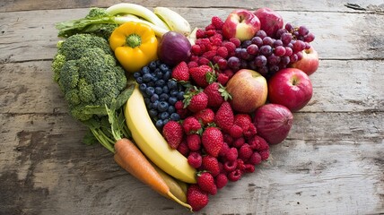 Fresh vegetables and fruits arranged in a heart shape on a wooden surface, celebrating natural abundance and wholesome living