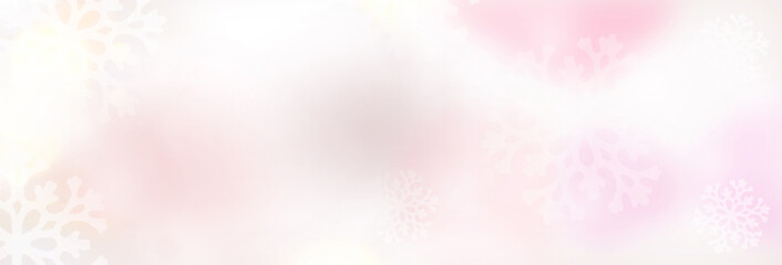 Wide winter banner with copy space, frozen effect, abstract light pink splatters, white snowflakes. Merry Christmas and Happy New Year. Happy Holidays