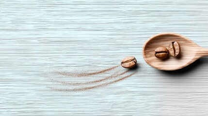 Sunlit Coffee Beans in Wooden Spoon on Light Blue Rustic Wood