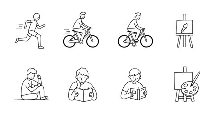 Fototapeta premium Hand-drawn style black line icons of daily leisure activities, including jogging, biking, reading, and painting