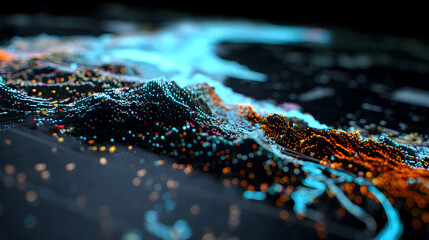 A digital 3D landscape made of glowing blue and orange data points, resembling a futuristic terrain or network visualization in a dark environment.