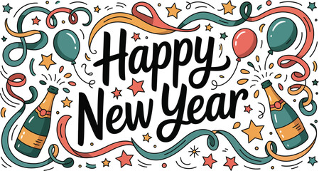 Happy new year celebration with champagne bottles balloons and ribbons in a festive design style banner
