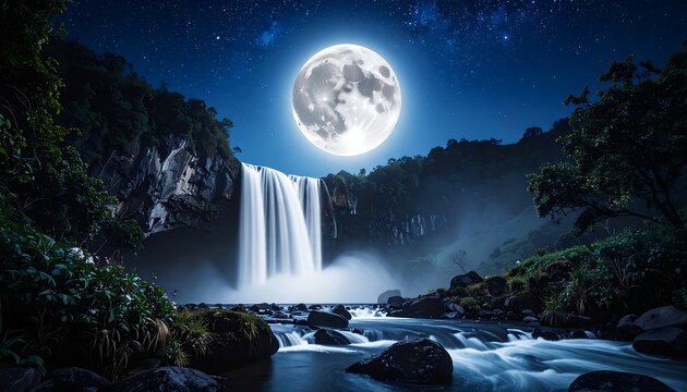 Moonlit Waterfall with Jungle Night. - Powered by Adobe