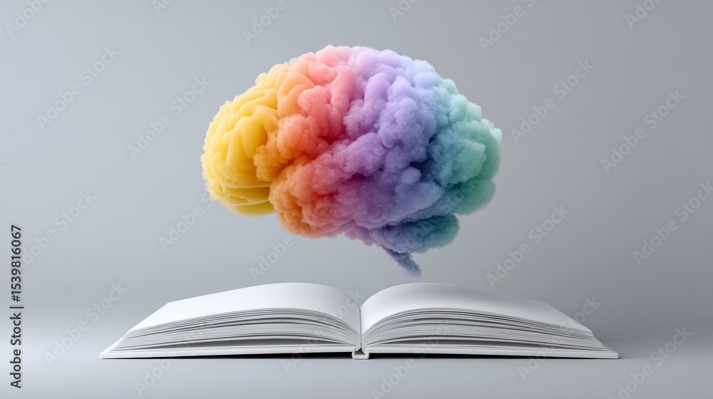 Aufkleber colorful brain is floating above an open book. the brain is surrounded by a cloud of colorful smoke,
