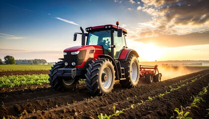 Fototapeta premium Tractor plowing sunset field.