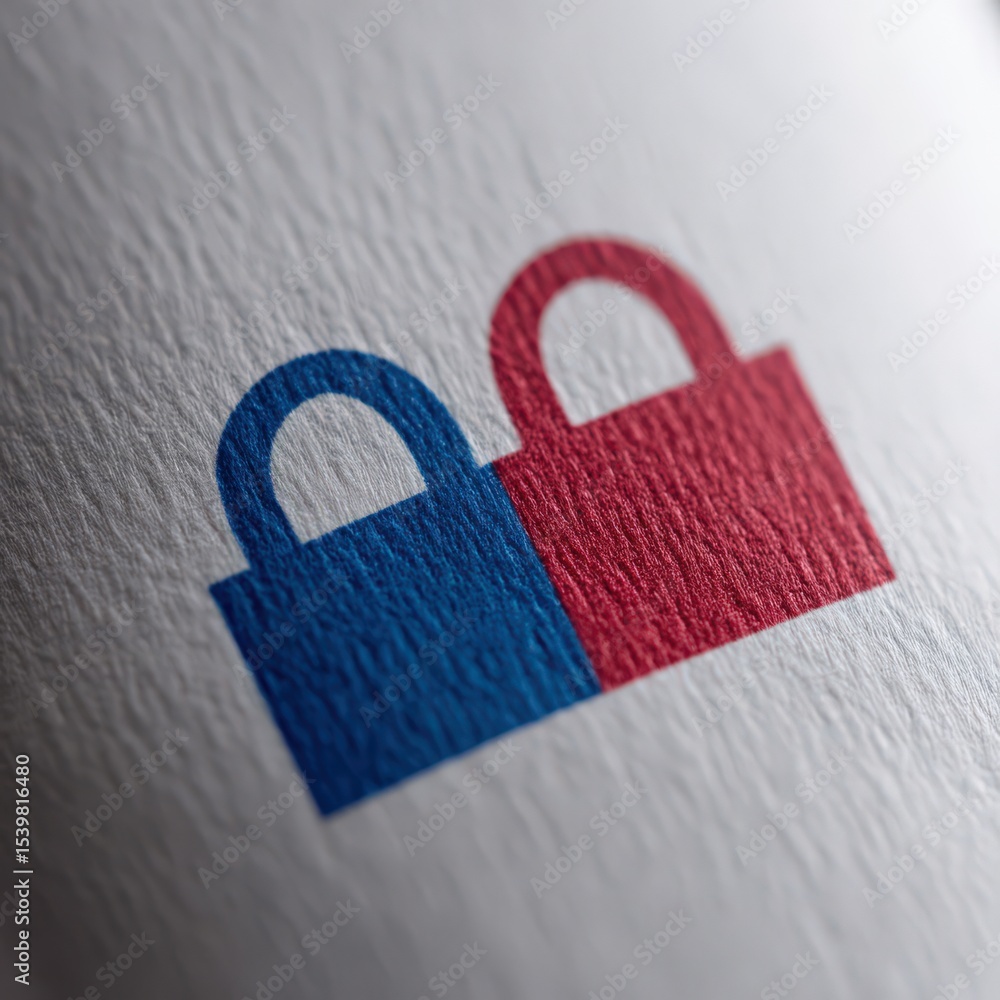 Poster close-up of dual colored locks representing security and protection conveyed through blue and red de