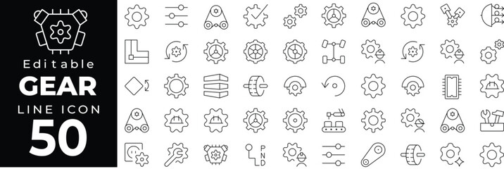 Mechanical and setting gear icons. Includes cogs, automation, machinery, tools, and configuration symbols. Editable stroke.