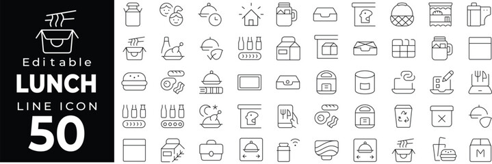 Meal container and lunch box icons. Includes bento box, food storage, office lunch, snack pack, and reusable boxes. Editable stroke.