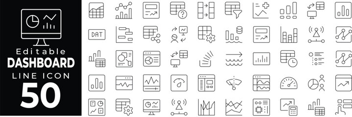 Digital dashboard UI icons. Includes analytics, speedometer, control panel, stats, and user interface elements. Editable stroke.