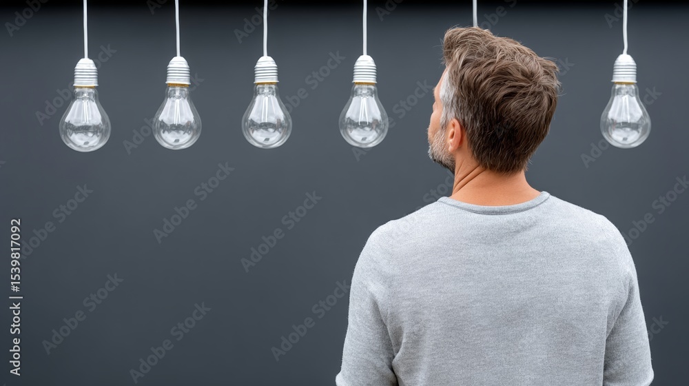 Poster man is looking at a row of light bulbs hanging from the ceiling. the bulbs are all different shapes 
