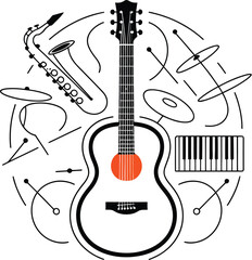 Acoustic guitar with saxophone, piano keys and drum set in a minimalist musical instrument illustration