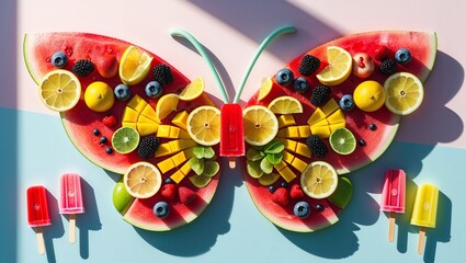 Obraz premium Butterfly Wings Made of Summer Fruits and Popsicles – Colorful Symmetrical Flat Lay on Pastel Background