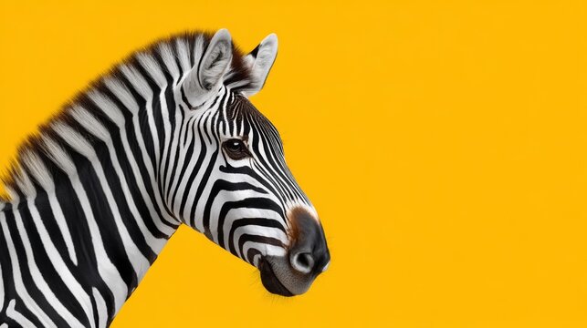 Zebra is staring at the camera with its head tilted to the side. The yellow background adds a pop of color to the image, making it stand out. The zebra's stripes create a sense of movement
