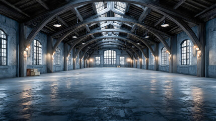 Empty industrial warehouse with large arched windows and high ceilings