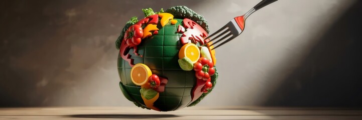 Fork piercing miniature globe made of fruits and vegetables – Ideal for sustainability, global food culture, or ethical eating concepts