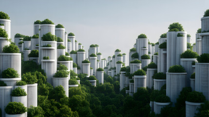Futuristic cityscape featuring cylindrical skyscrapers with abundant vertical greenery and dense forest integration.