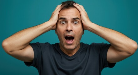 Shocked man with hands on head against teal background