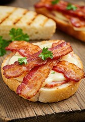 Crispy Bacon and Melted Cheese Open Sandwich Garnished with Parsley on Rustic Wood.