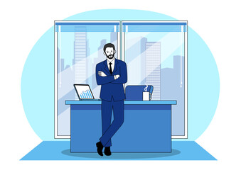Confident businessman in an office with a view of city skyscrapers, vector illustration.