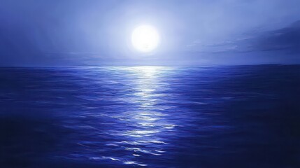 A serene view of the ocean at night with a bright moon reflecting on the water surface beautifully