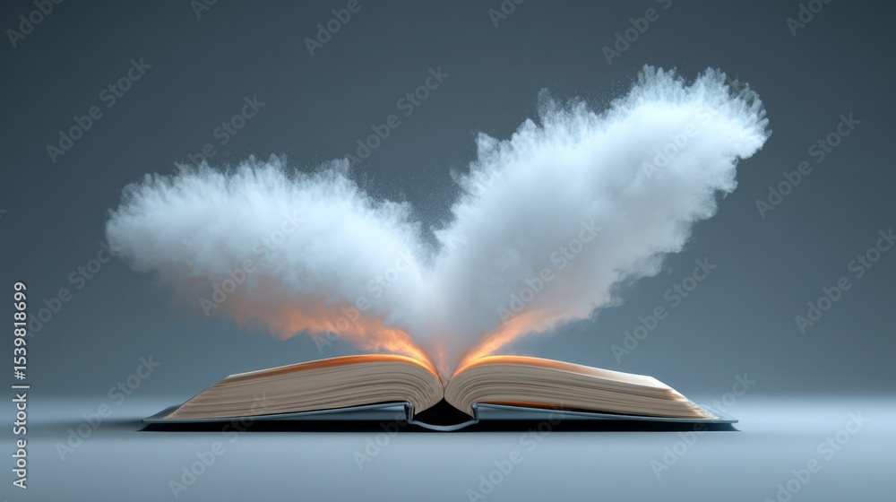 Poster an open book with a cloud of smoke coming out of it. the book is open to a page with a large, white 