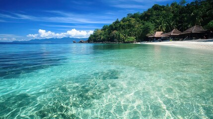 Fototapeta premium A scenic view of a tropical beach with clear turquoise water and thatched roof structures on the shore