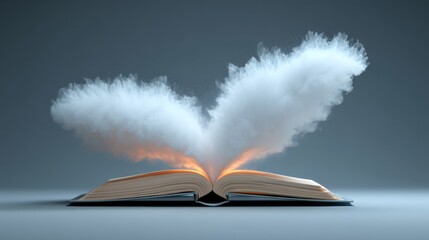 An open book with a cloud of smoke coming out of it. The book is open to a page with a large, white cloud. The scene is dramatic and mysterious