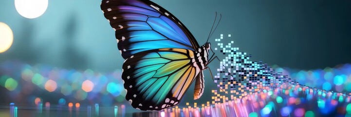 Butterfly wing dissolving into digital pixels – Ideal for tech-art fusion projects, digital transformation themes, or conceptual visuals