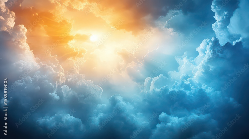 Poster a serene view of clouds with sunlight shining through creating a peaceful and heavenly atmosphere