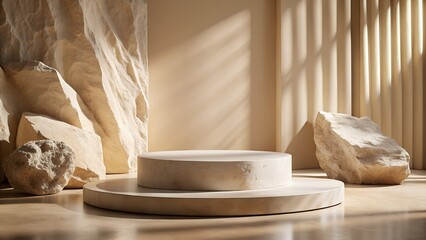 Beige minimalist product display with two tiered stone platform and rocks