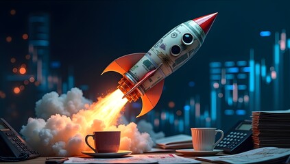 Dynamic energy growing of stock market shown as a money rocket blasting into the night sky. AI-Generated!